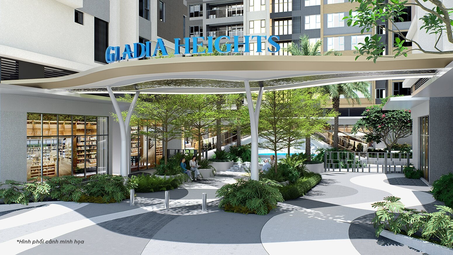Phối cảnh lối vào Gladia Heights với mái che cong, cây xanh và các gian thương mại dịch vụ hai bên