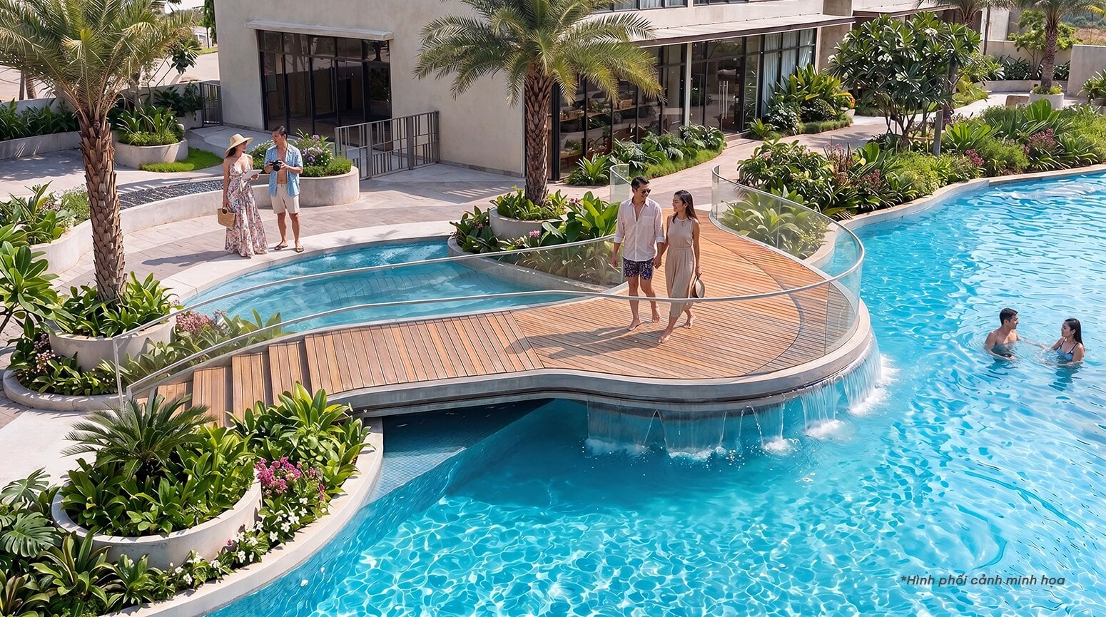 Phối cảnh cảnh quan mặt nước nội khu Gladia Heights: hồ bơi, sàn gỗ và cây xanh nhiệt đới