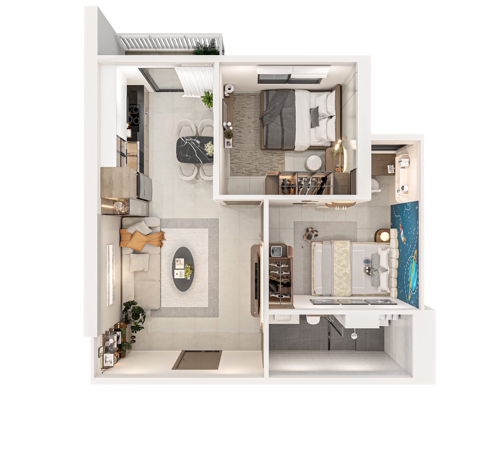 Phối cảnh mặt bằng 3D dạng dollhouse của một căn hộ mẫu 2 phòng ngủ tại NBB Garden III