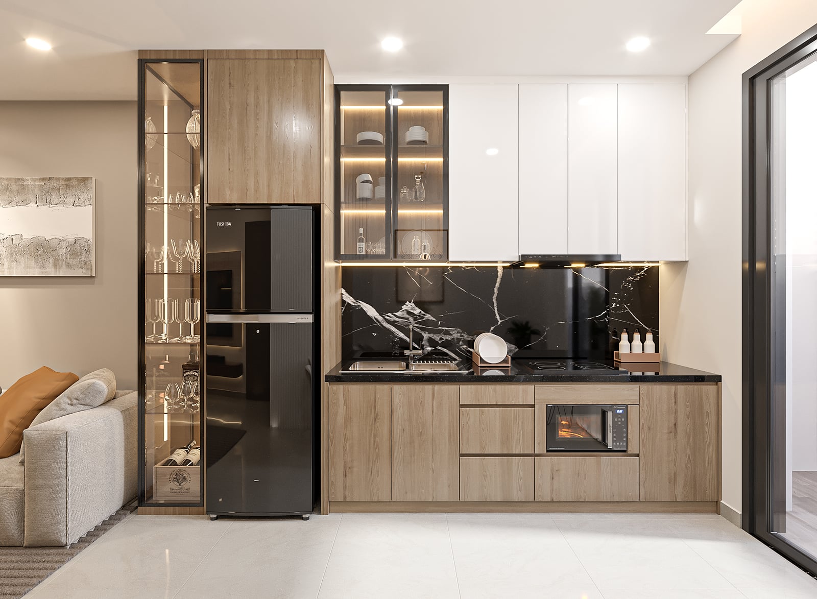 Khu bếp với tủ kính trưng bày và khu tủ lạnh — dự án NBB Garden III, Quận 8, TP.HCM