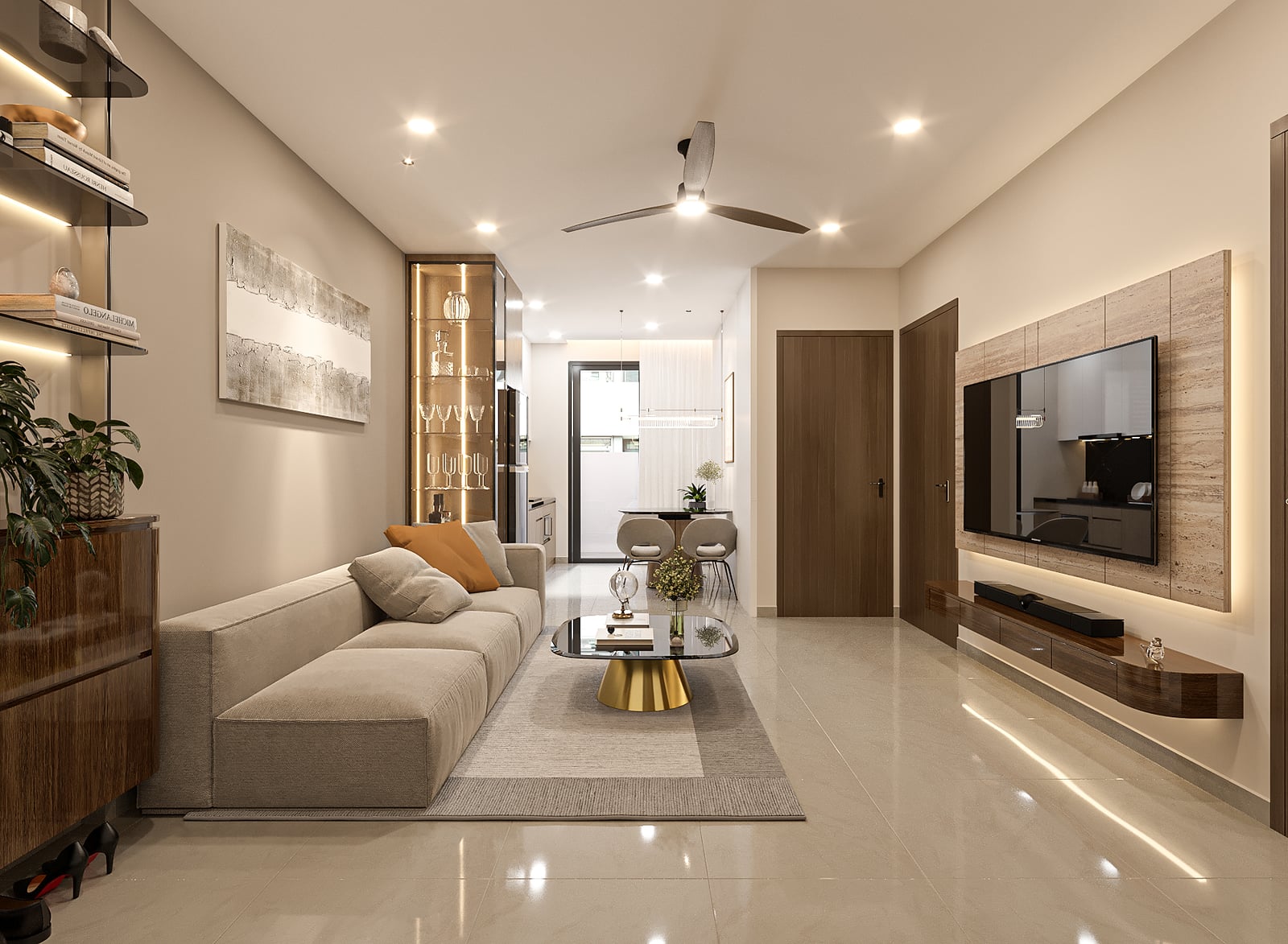 Phòng khách nhìn về hành lang và hai cửa phòng ngủ — dự án NBB Garden III, Quận 8, TP.HCM