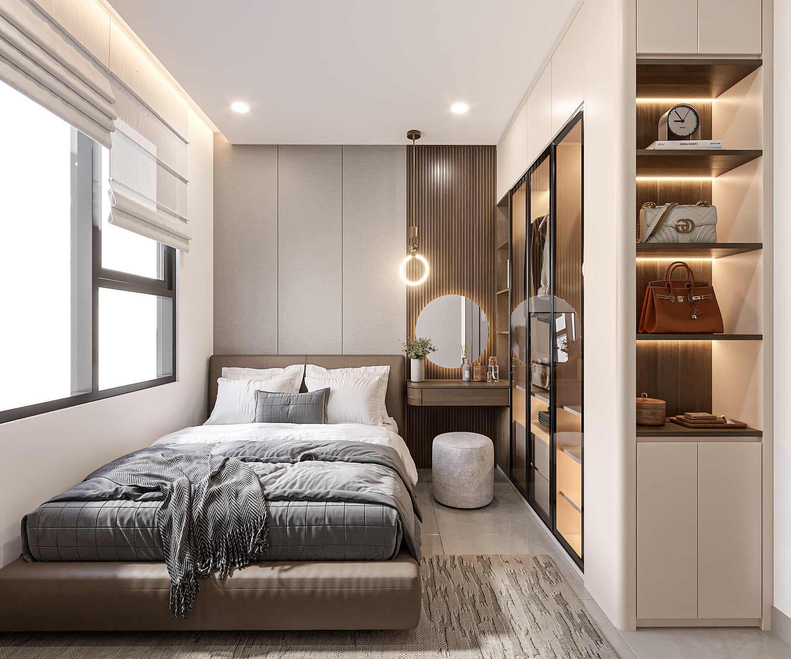 Phòng ngủ chính — bàn trang điểm, tủ áo cửa kính — dự án NBB Garden III, Quận 8, TP.HCM