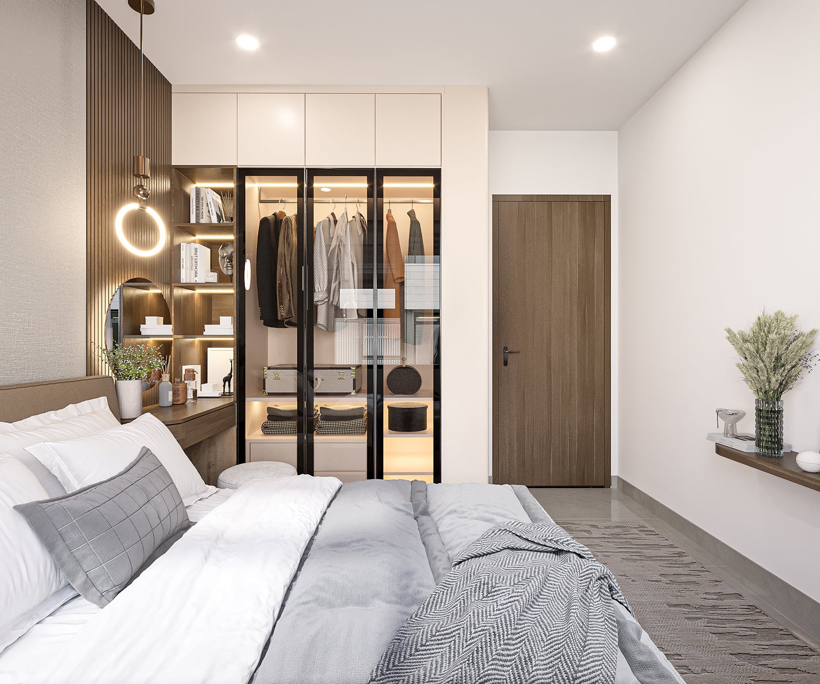 Phòng ngủ với tủ áo walk-in cửa kính — dự án NBB Garden III, Quận 8, TP.HCM