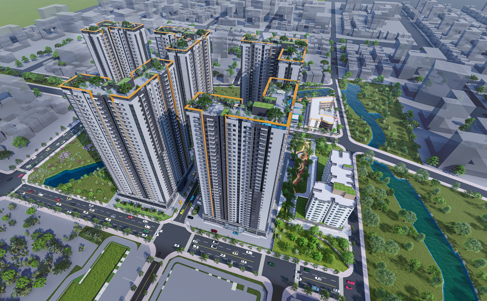 Phối cảnh tổng thể dự án NBB Garden III nhìn từ trên cao với công viên cây xanh và hồ nước