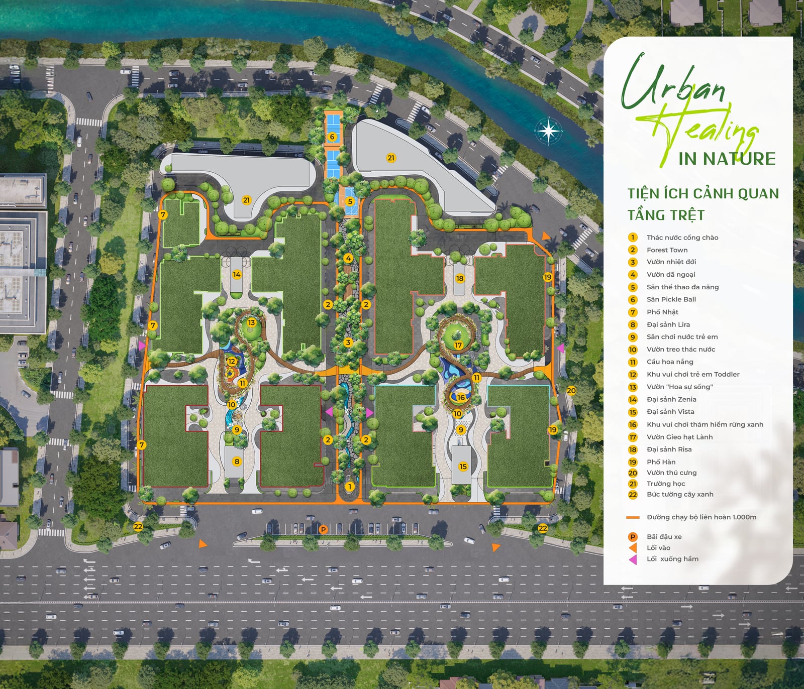 Masterplan tiện ích cảnh quan tầng trệt La Pura — Urban Healing in Nature, 22 hạng mục
