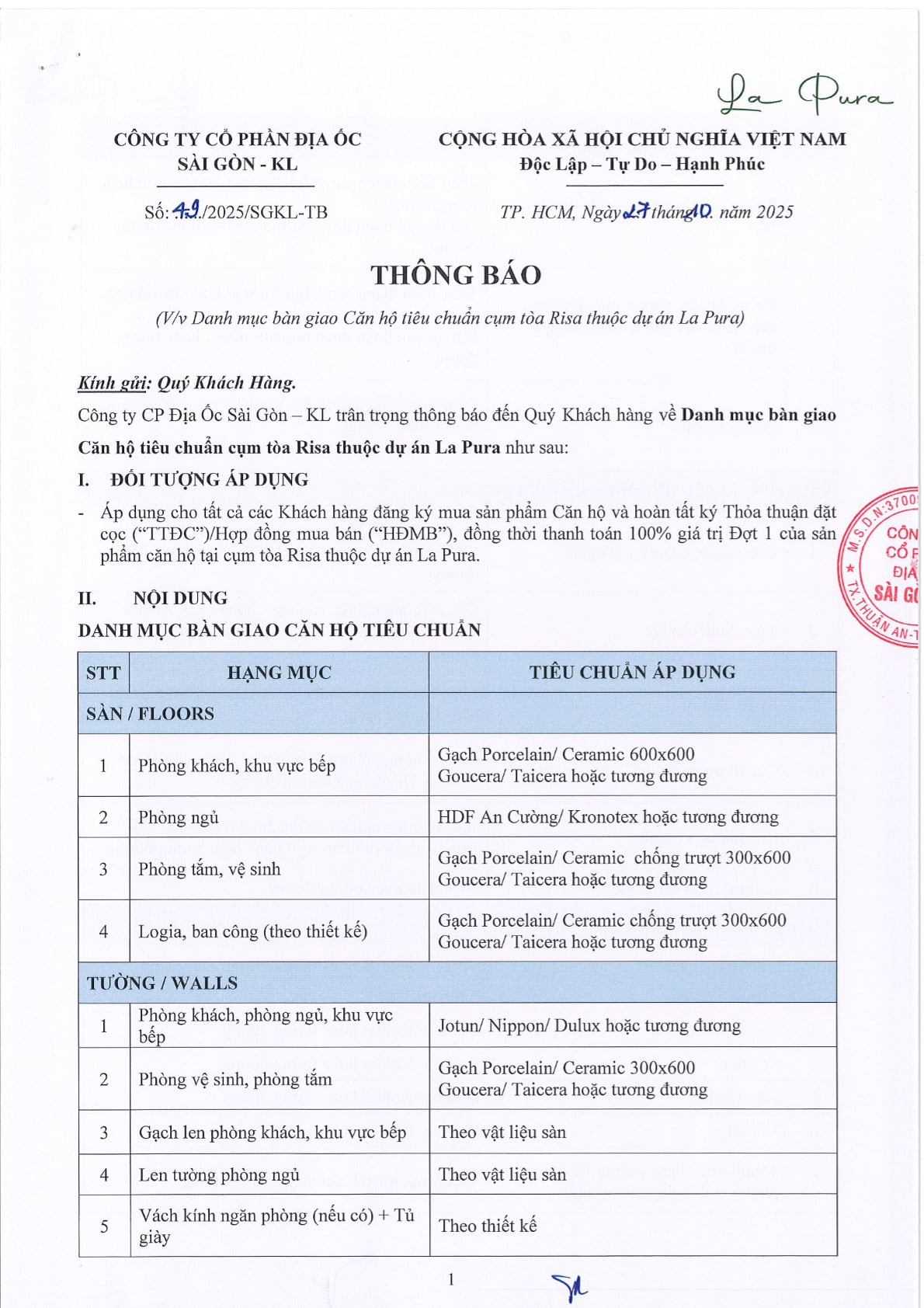 Thông báo số 49/2025/SGKL-TB — danh mục bàn giao căn hộ Risa — dự án La Pura