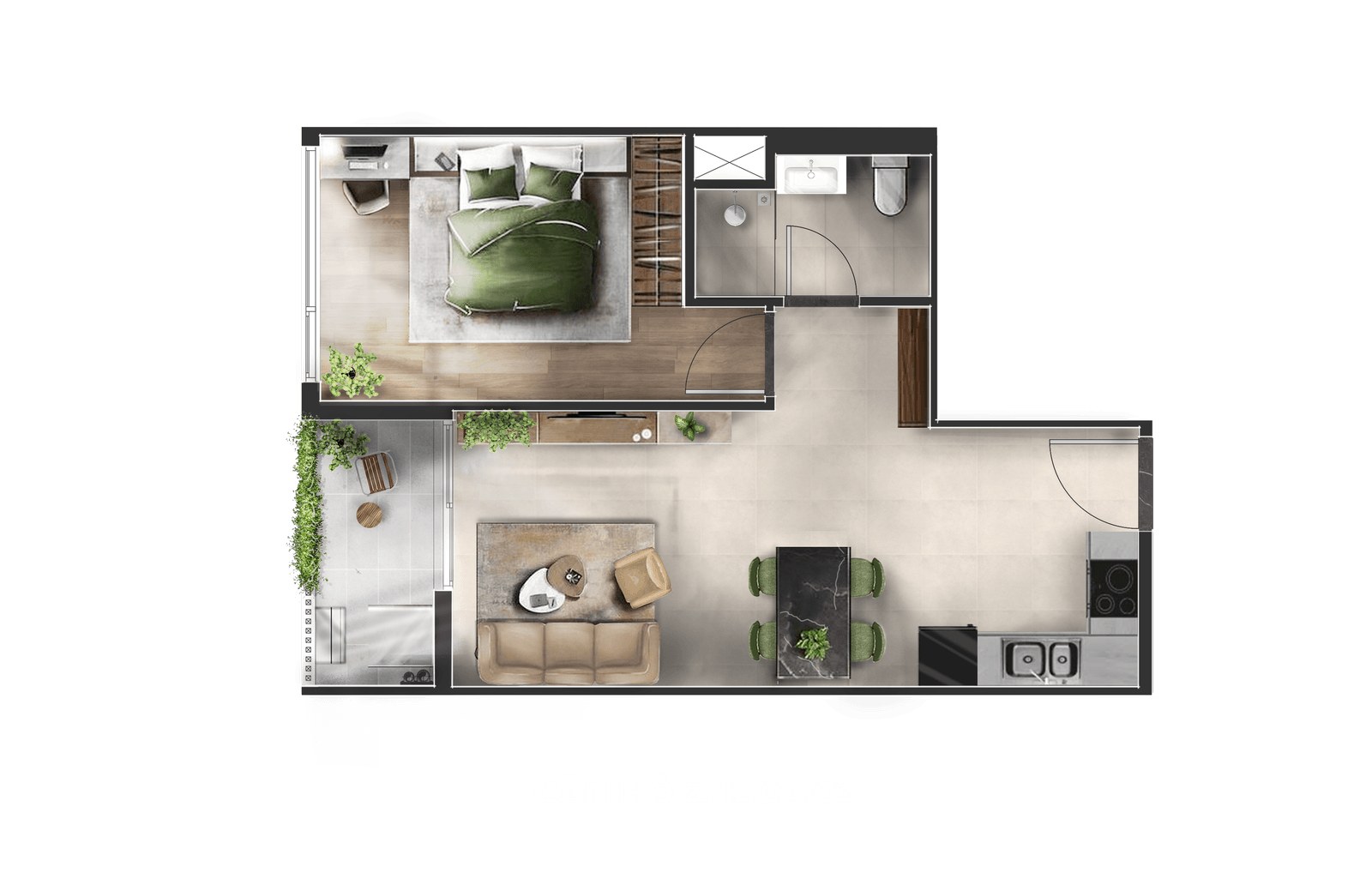 Layout căn hộ 2PN-1WC Zenia La Pura
