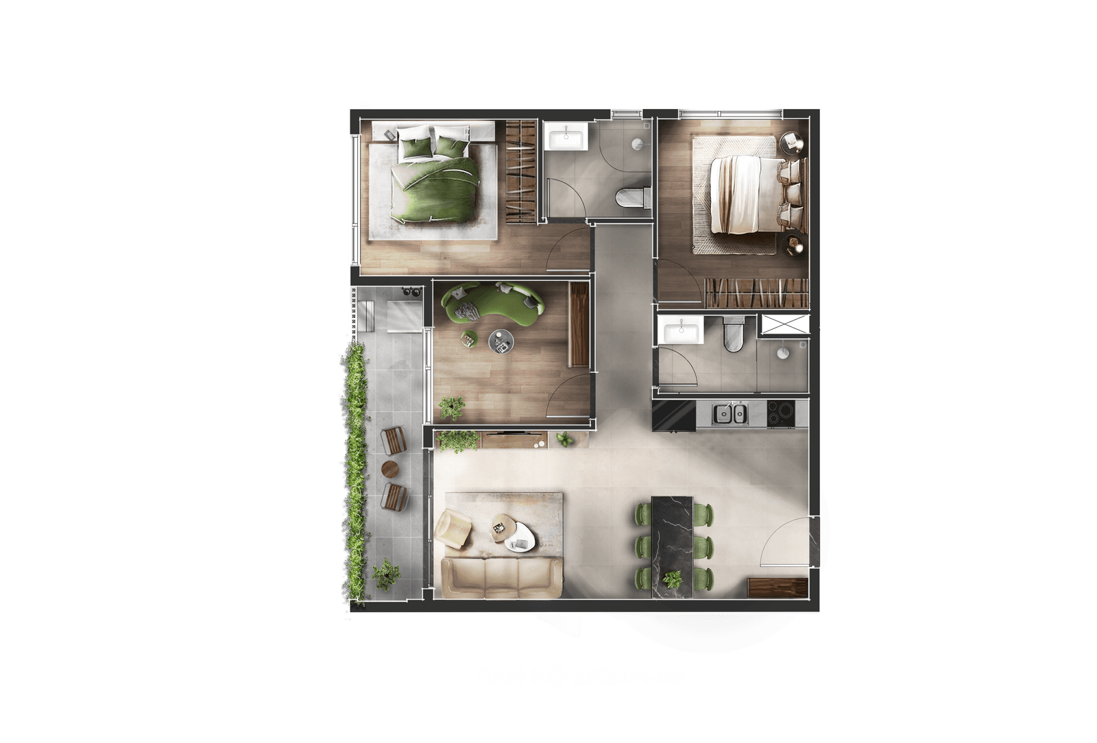 Layout căn hộ 2PN-2WC Zenia La Pura