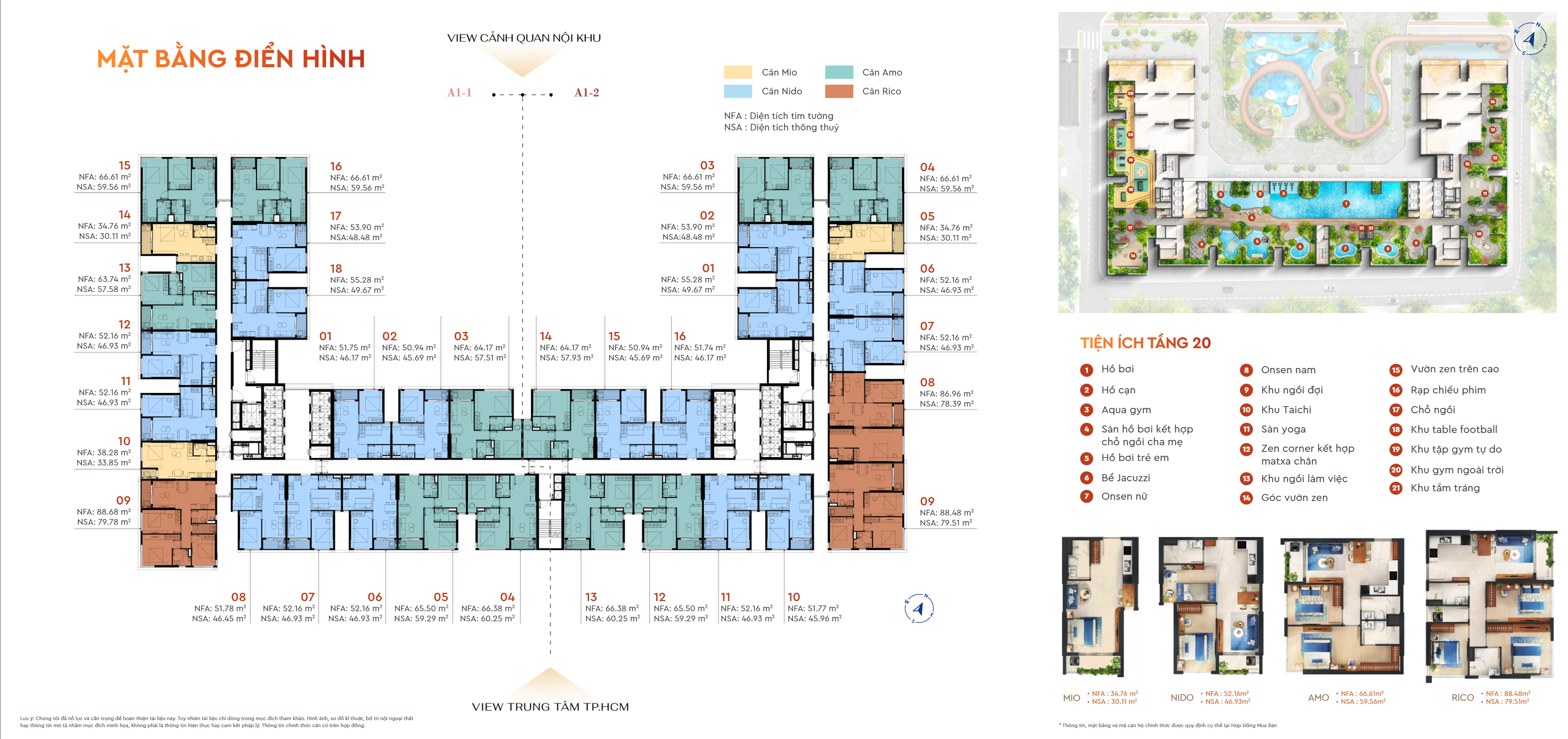 Mặt bằng điển hình căn hộ Monrei Saigon — sơ đồ tầng 6 tháp, tiện ích tầng 20, layout MIO NIDO AMO RICO