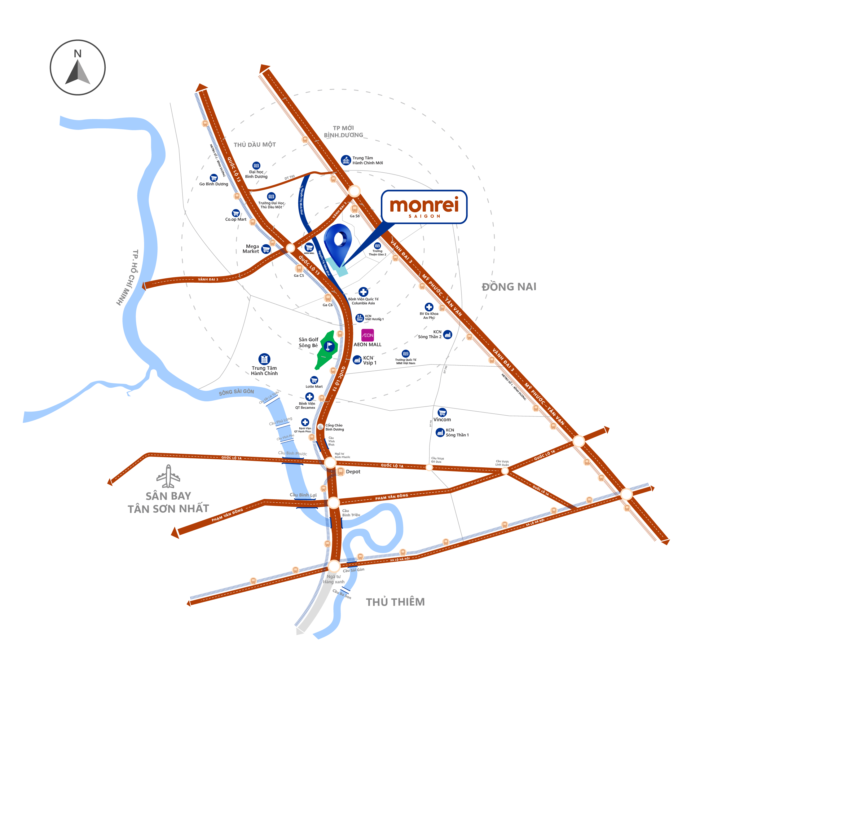 Bản đồ liên kết vùng Monrei Saigon — kết nối Bình Dương, TP.HCM, Thủ Đức, sân bay