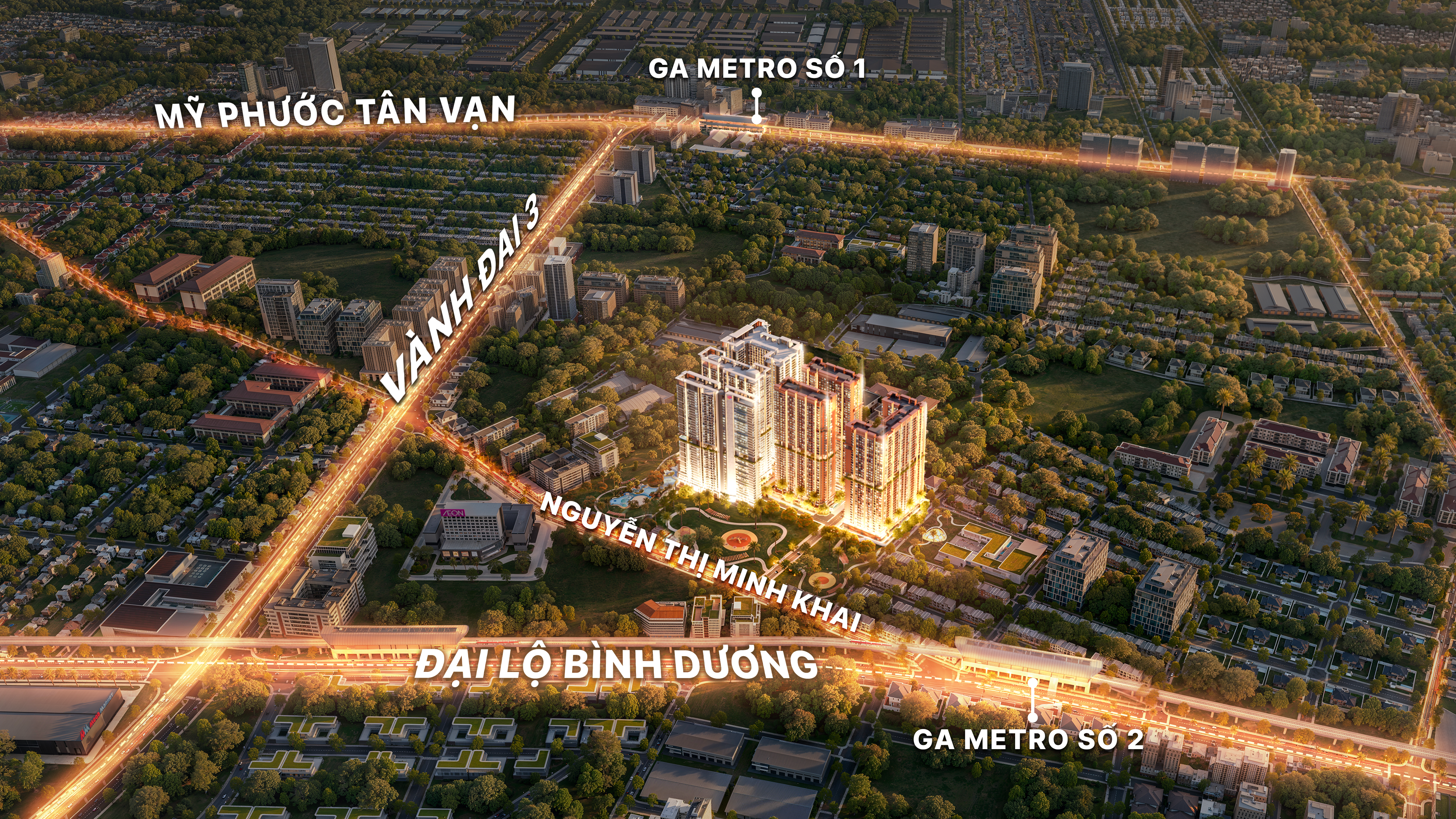 Phối cảnh vị trí dự án Monrei Saigon — Đại lộ Bình Dương, Vành đai 3, Ga Metro số 1 & 2