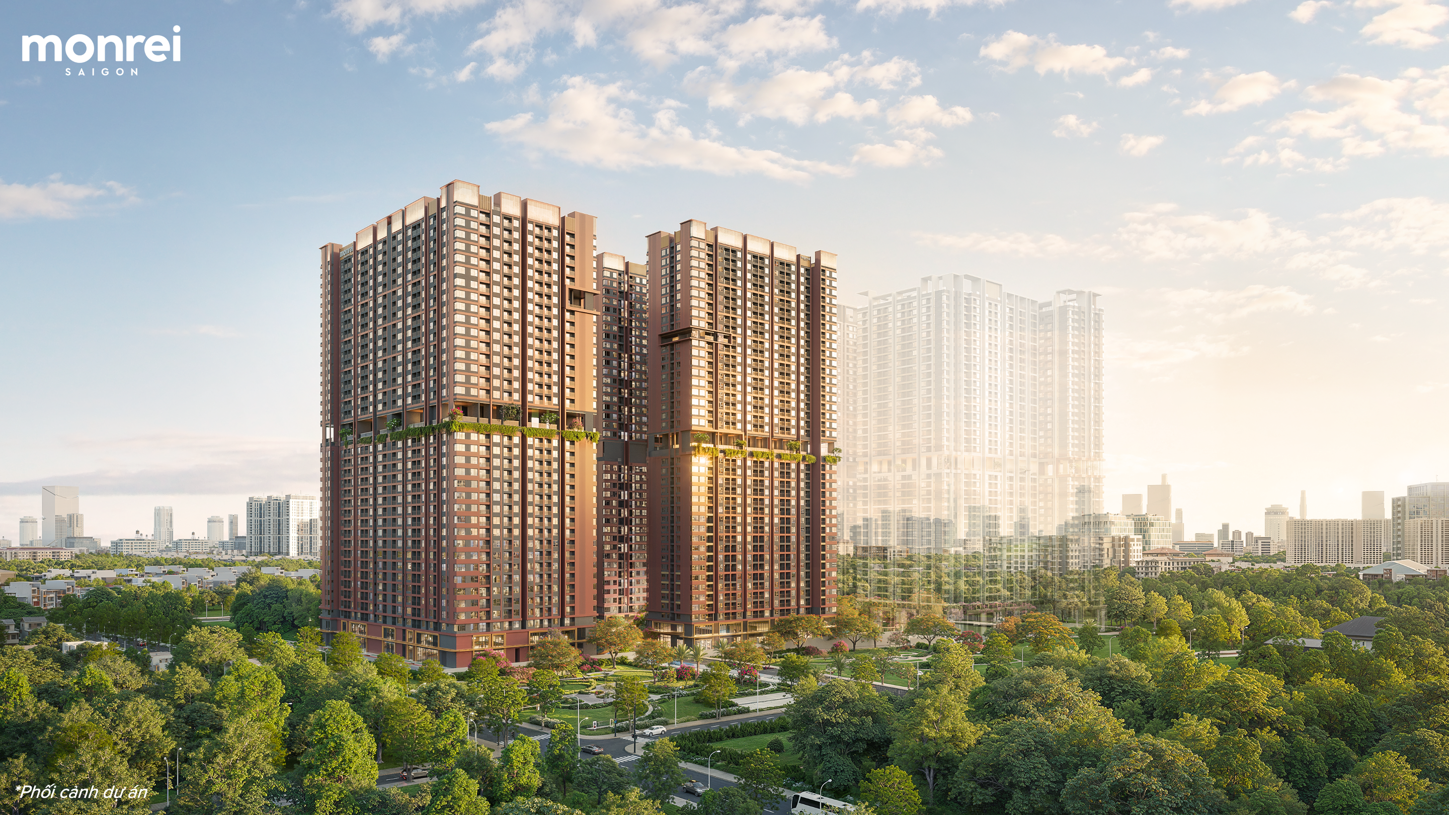 Phối cảnh dự án căn hộ Monrei Saigon Thuận An, Bình Dương lúc hoàng hôn