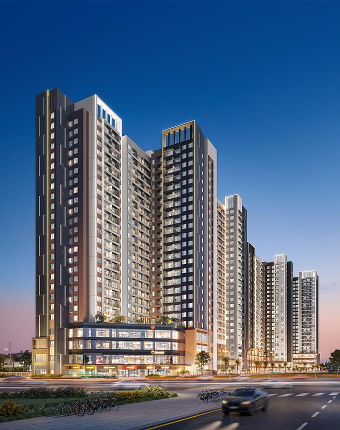 Phối cảnh dự án về đêm, khối đế thương mại sáng đèn — dự án The Emerald Garden View