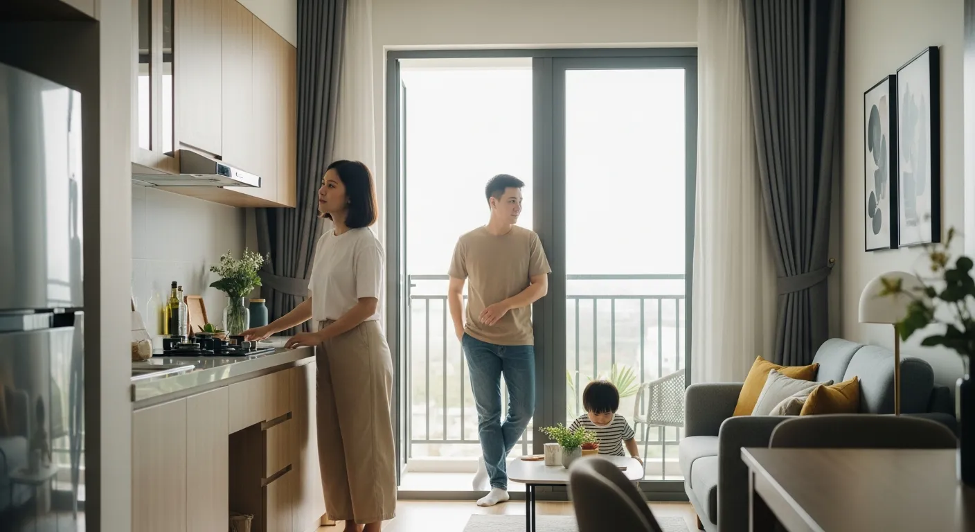 Gia đình trẻ gồm vợ chồng và một bé nhỏ đang tham quan căn hộ mẫu sáng sủa tại Bình Dương, người mẹ xem khu bếp, người cha nhìn ra ban công, bé chơi gần sofa, không gian nội thất thực tế, cảm giác cân nhắc mua để ở, ánh sáng ấm và tự nhiên