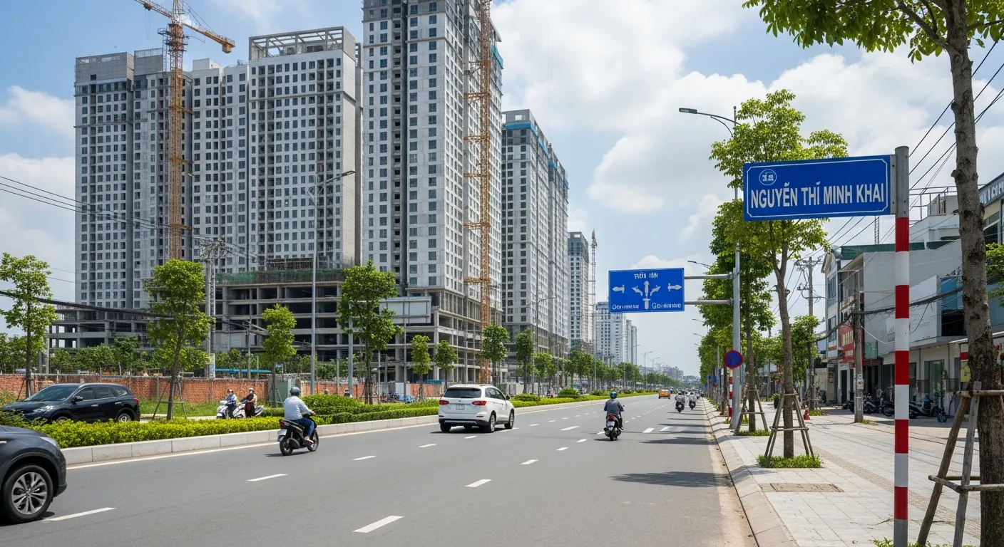 Toàn cảnh thực tế một đại lộ đô thị tại trung tâm Thuận An Bình Dương vào ban ngày, mặt tiền đường rộng, xe ô tô và xe máy lưu thông, các tòa nhà căn hộ mới đang xây dựng, bảng chỉ dẫn đường Nguyễn Thị Minh Khai, không khí đô thị vệ tinh giáp ranh TP.HCM, góc chụp rộng, ánh sáng tự nhiên, phong cách ảnh bất động sản chân thực