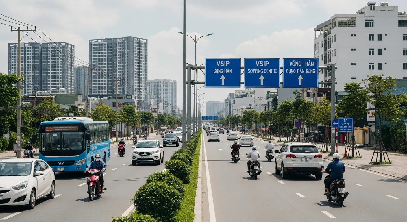 Cảnh giao thông thực tế trên trục đường lớn gần Quốc lộ 13 tại Bình Dương, ô tô, xe máy, xe buýt di chuyển trong giờ bình thường, xa xa là khu đô thị mới và biển chỉ hướng về VSIP, trung tâm thương mại lớn và khu dân cư hiện hữu, phong cách ảnh tài liệu đô thị chân thực
