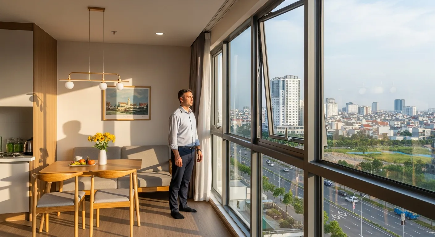 Khung cảnh thực tế một chuyên gia nước ngoài khoảng 35 đến 45 tuổi mặc sơ mi công sở đứng trong căn hộ hiện đại tại Bình Dương, cửa kính lớn nhìn ra khu đô thị và trục đường lớn, nội thất gọn gàng phong cách Nhật, bàn ăn nhỏ, sofa sáng màu, ánh sáng chiều tự nhiên, cảm giác an cư lâu dài gần khu công nghiệp, bối cảnh trung tâm Thuận An nhộn nhịp nhưng sạch sẽ