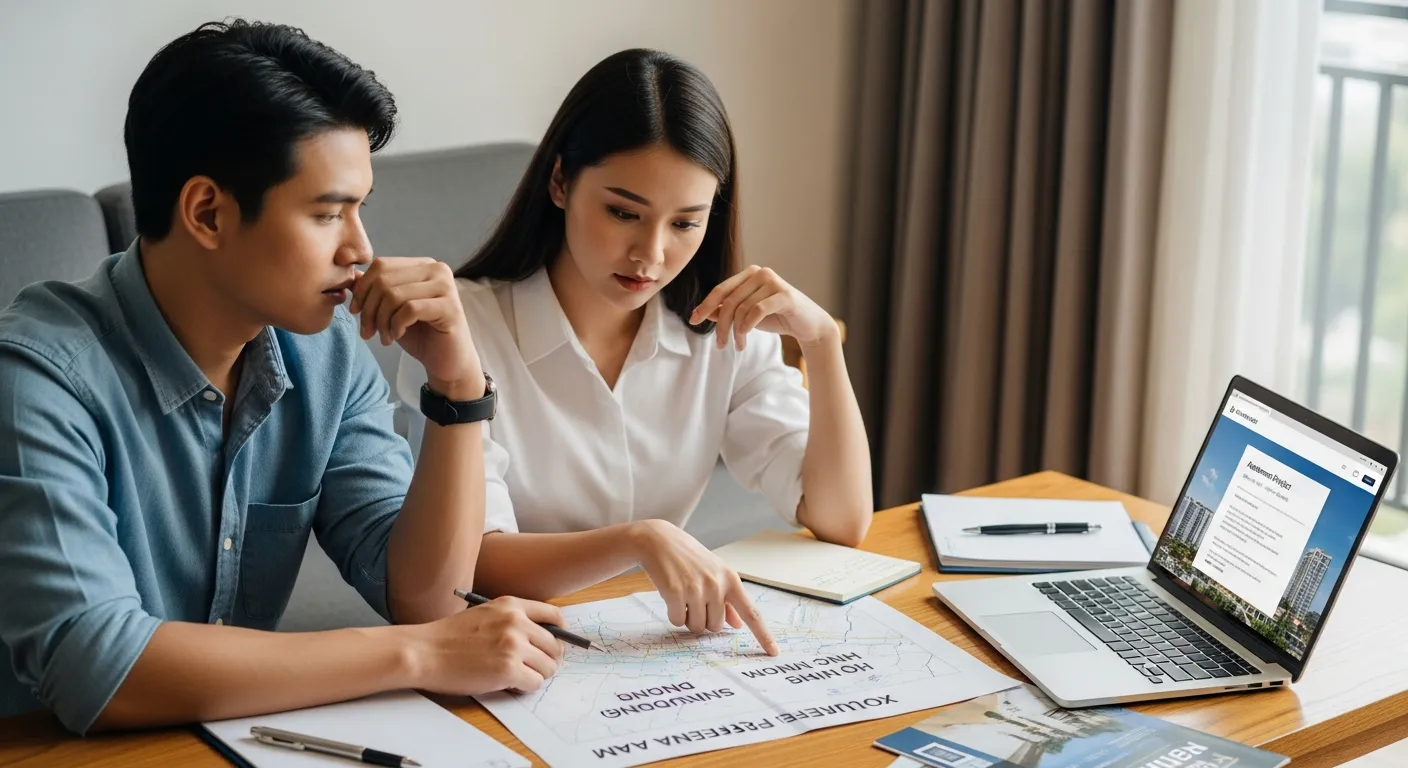Một cặp vợ chồng trẻ đang xem bản đồ khu vực phía Nam Việt Nam trên bàn, chỉ tay giữa Bình Dương và TP.HCM, bên cạnh là laptop mở trang thông tin dự án căn hộ, nét mặt phân vân nhưng tập trung, bối cảnh phòng khách sáng sủa, tài liệu bất động sản và bút ghi chú đặt xung quanh