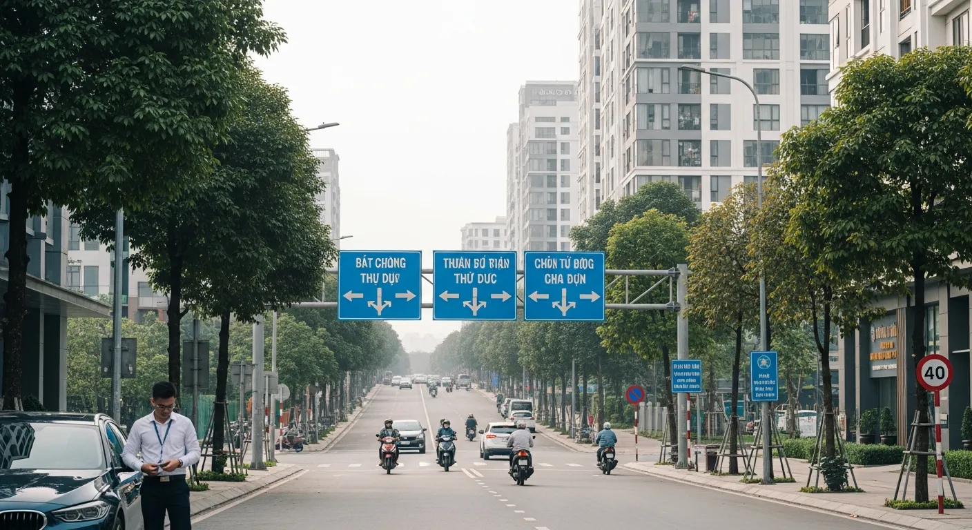 Một chuyên gia trẻ mặc sơ mi đứng cạnh ô tô tại khu căn hộ gần trung tâm Thuận An vào buổi sáng, phía xa là trục đường lớn hướng về TP Thủ Đức, giao thông đông vừa phải, biển báo đô thị, khung cảnh đi làm hằng ngày giữa Bình Dương và TP.HCM, phong cách ảnh đời sống thực tế, màu sắc trung tính