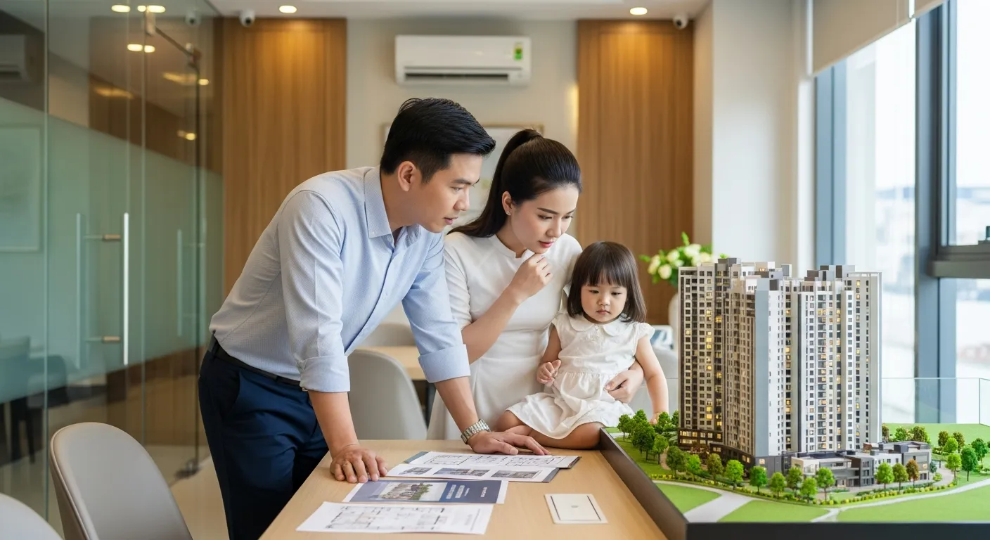 Gia đình trẻ gồm vợ chồng và một con nhỏ đang xem mô hình sa bàn dự án căn hộ trong phòng tư vấn bất động sản, trên bàn có bảng so sánh giá và diện tích, bối cảnh hiện đại, cảm xúc cân nhắc nghiêm túc, ánh sáng tự nhiên, ảnh chân thực