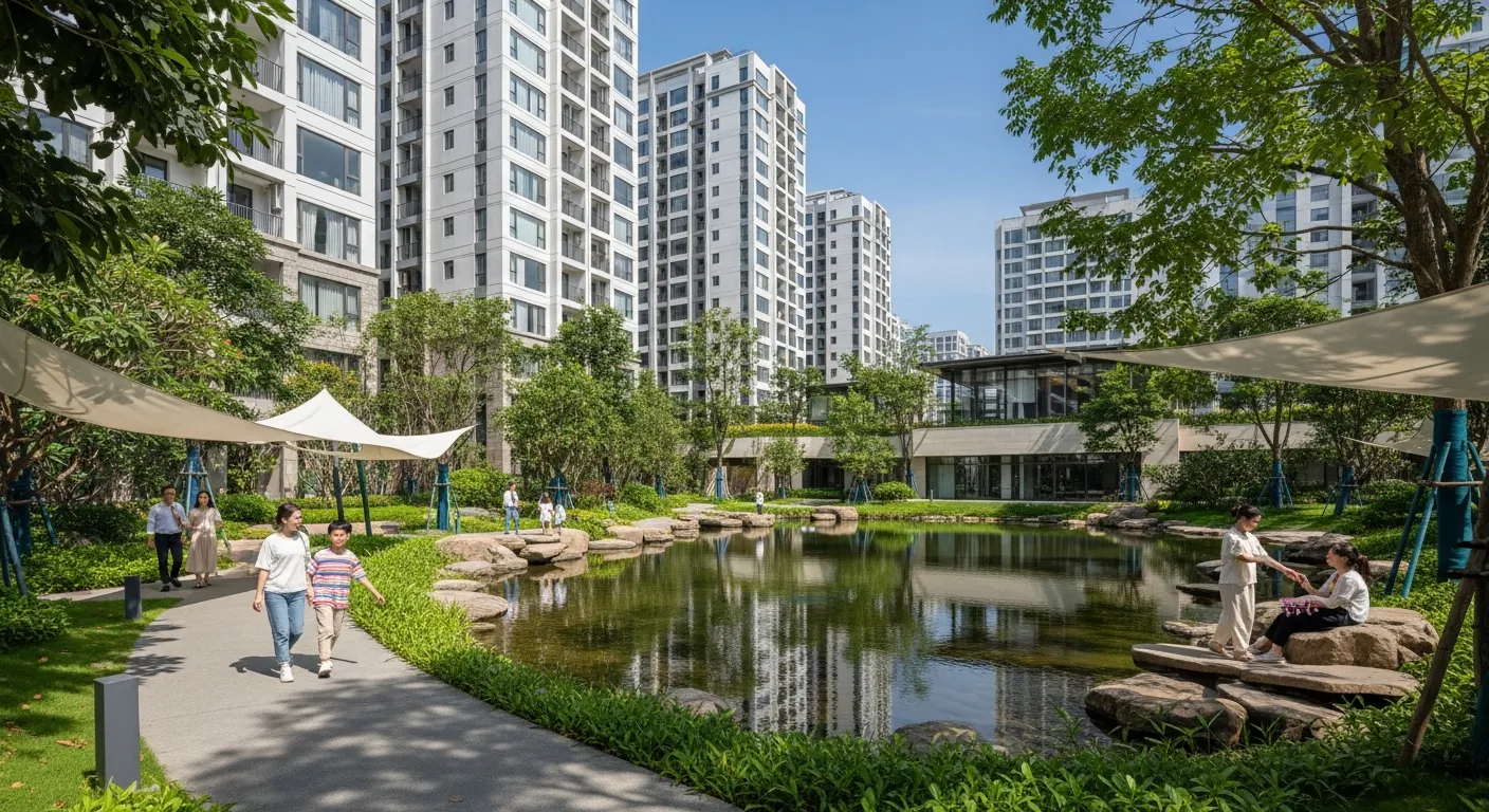 Phối cảnh thực tế một khu căn hộ phong cách Nhật hiện đại tại trung tâm đô thị, các tòa tháp căn hộ sáng màu bao quanh không gian cây xanh, hồ nước, lối dạo bộ, cư dân trẻ và gia đình đang đi bộ thư giãn, ánh sáng ban ngày trong trẻo, kiến trúc tinh gọn, cảm giác sống khỏe và cân bằng
