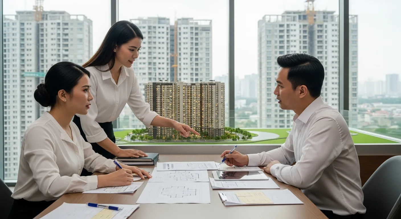 Một cặp vợ chồng trẻ cùng nhân viên tư vấn đang xem sa bàn và tài liệu căn hộ tại phòng bán hàng hiện đại ở Bình Dương, trên bàn có bản vẽ mặt bằng, máy tính bảng, giấy ghi chú ngân sách, phía sau là cửa kính nhìn ra các tòa căn hộ đang xây dựng, không khí trao đổi thực tế và tập trung