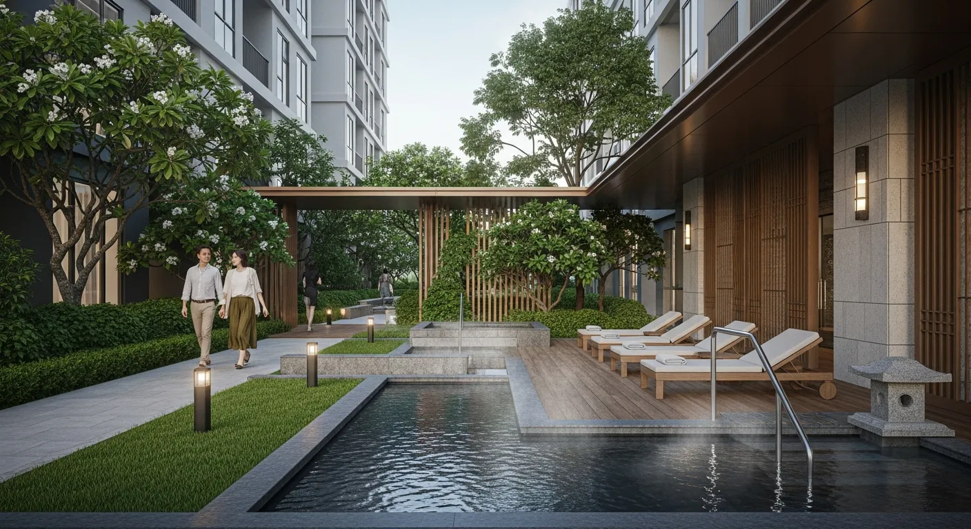 Không gian tiện ích wellness trong khu căn hộ cao cấp tại Bình Dương, cư dân đang đi bộ trên lối dạo xanh, một khu tắm khoáng kiểu Nhật ngoài trời, hồ nước ấm bốc hơi nhẹ, ghế nghỉ thư giãn, cây cối được cắt tỉa gọn gàng, kiến trúc hiện đại pha chất Nhật, cảm giác sống chậm và chăm sóc sức khỏe