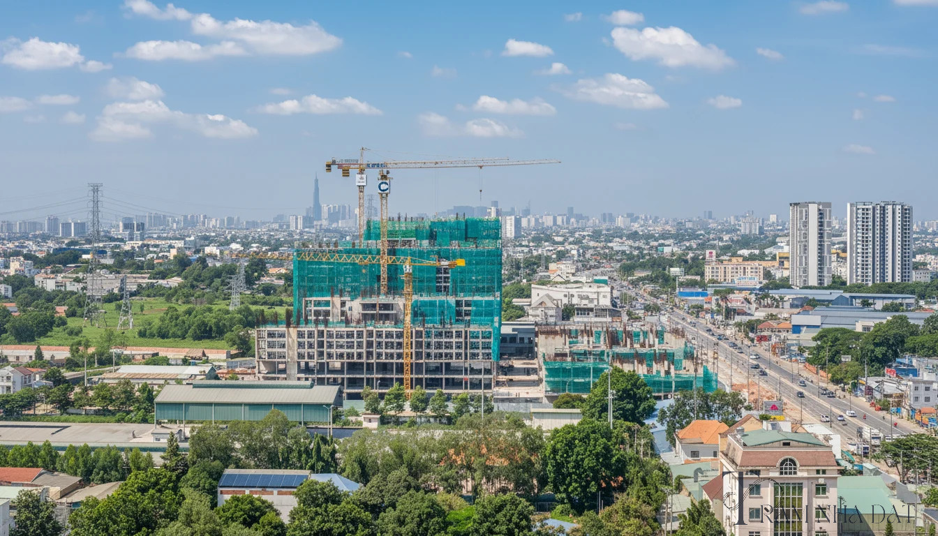 Cảnh thực tế một nhà phân tích tài chính đang đọc báo cáo tài chính in giấy của doanh nghiệp bất động sản Việt Nam, các trang số liệu có bút đỏ khoanh mốc chuyển nhượng cổ phần, máy tính cầm tay, màn hình laptop mở bảng tính, cốc cà phê bên cạnh, không gian làm việc chuyên sâu, ánh sáng rõ, chi tiết sổ sách và tài liệu
