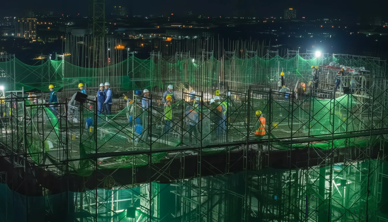 Toàn cảnh công trường một dự án căn hộ lớn trên trục Quốc lộ 13, các tòa tháp đang thi công, bảng tên dự án, xe công trình, hàng rào công trường và khu dân cư xung quanh tại địa bàn từng thuộc Bình Dương, ánh sáng ban ngày rõ nét, góc chụp thực địa thể hiện sự chuyển tiếp giữa hồ sơ pháp lý cũ và địa chỉ hành chính mới