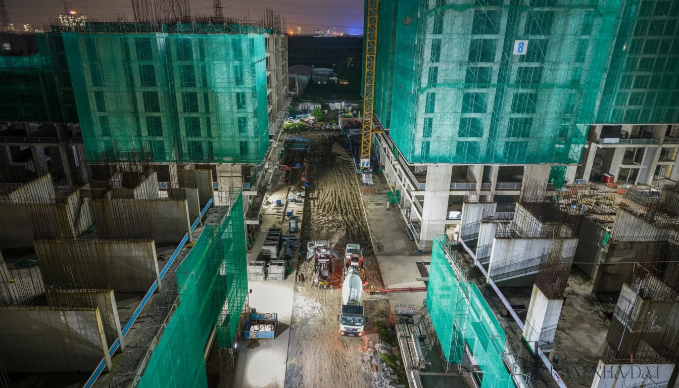 Công trường dự án căn hộ quy mô lớn trên mặt tiền trục đường đô thị, nhiều tháp cao tầng đang thi công đồng thời, cần cẩu, sàn bê tông, công nhân làm việc ban ngày, góc chụp rộng thể hiện rõ tiến độ thực tế của dự án từng mang tên Astral City và nay là La Pura, ánh sáng tự nhiên, khung cảnh thật, không dàn dựng