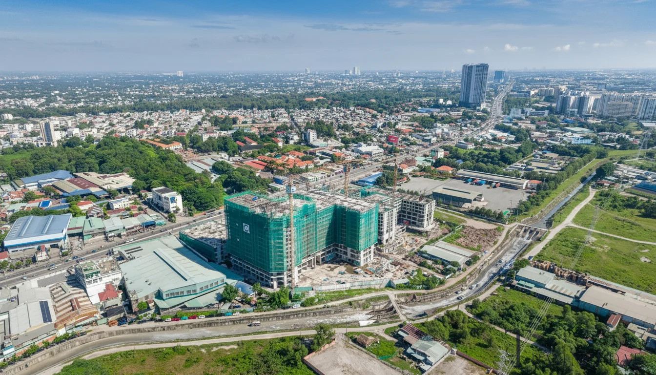 Toàn cảnh thực địa một dự án căn hộ cao tầng quy mô lớn nằm dọc mặt tiền Quốc lộ 13 tại khu vực đô thị đông đúc, nhiều tháp đang xây dựng, cần cẩu tháp hoạt động, hàng rào công trường, xe cộ lưu thông phía trước, bầu không khí buổi sáng có nắng nhẹ, góc chụp rộng từ đối diện trục đường lớn để thấy rõ chiều dài mặt tiền và nhiều khối tháp phía sau