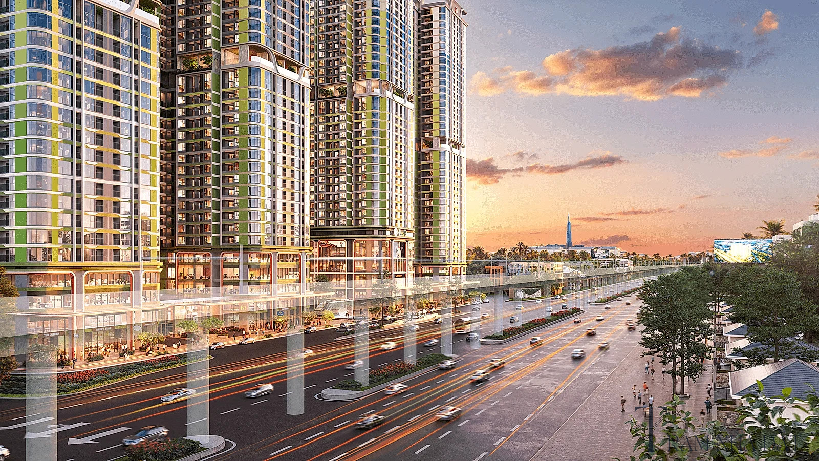 Góc nhìn thực địa trên trục Quốc lộ 13 đoạn qua Thuận An, dải phân cách lớn, các tòa căn hộ cao tầng đang xây dựng xen với khu dân cư hiện hữu, xe cộ lưu thông đông vào giờ ban ngày, biển chỉ dẫn đô thị mới, bối cảnh đô thị phía nam với ánh sáng tự nhiên rõ nét